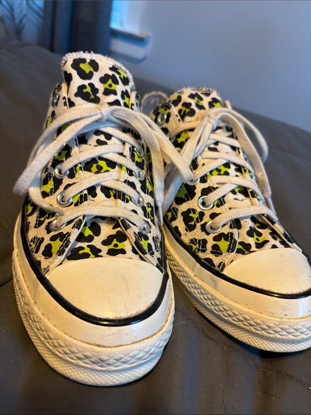 Converse White Canvas Sneakers with Neon Green and Black Leopard Print